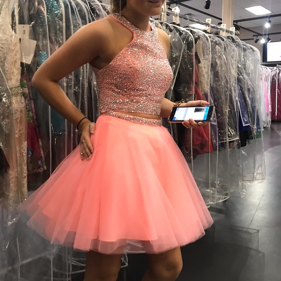Formal prom dress is size 8 neon coral orange peach with open back. 2 piece - Picture 7 of 16